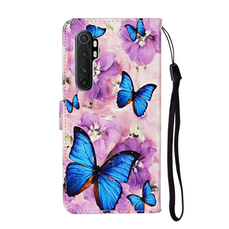 Flip Cover Xiaomi Mi Note 10 Lite Mobilcover Blå Sommerfugle I Blomsterne