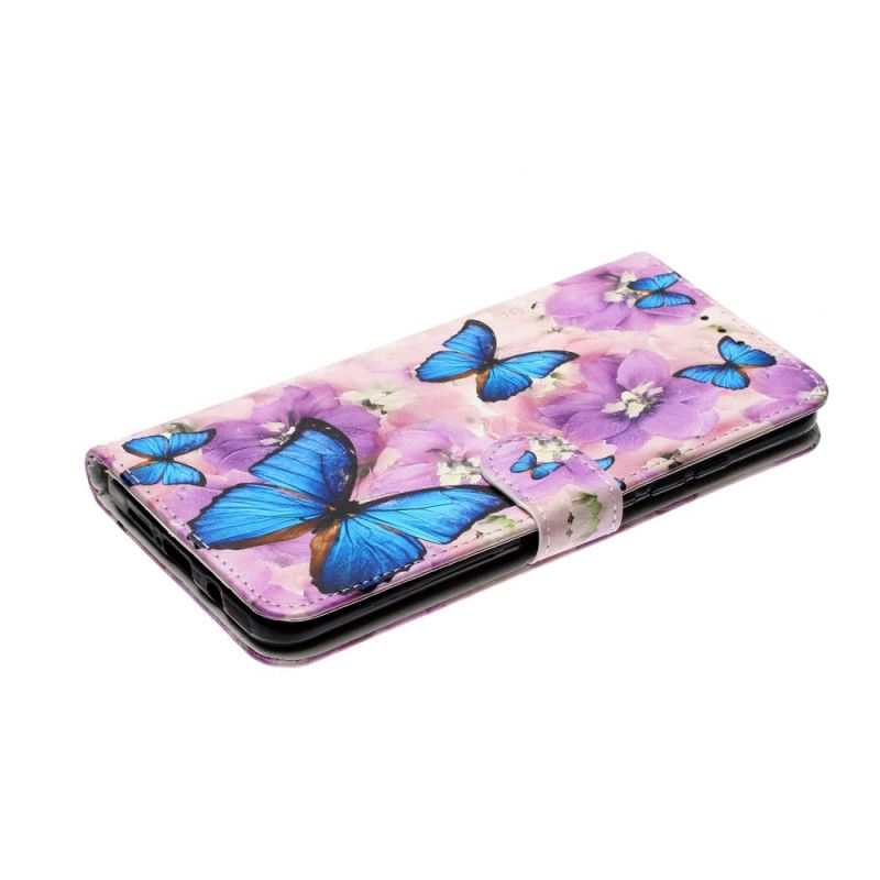 Flip Cover Xiaomi Mi Note 10 Lite Mobilcover Blå Sommerfugle I Blomsterne