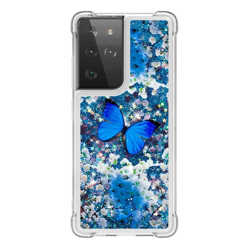 Cover Samsung Galaxy S21 Ultra 5G Blå Glitter Sommerfugle Original