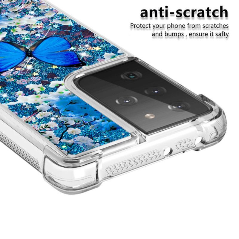 Cover Samsung Galaxy S21 Ultra 5G Blå Glitter Sommerfugle Original