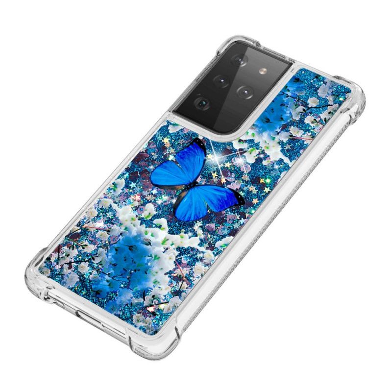 Cover Samsung Galaxy S21 Ultra 5G Blå Glitter Sommerfugle Original