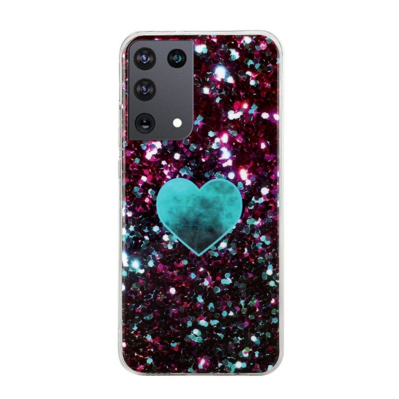 Cover Samsung Galaxy S21 Ultra 5G Sort Glitter Marmor Hjerte