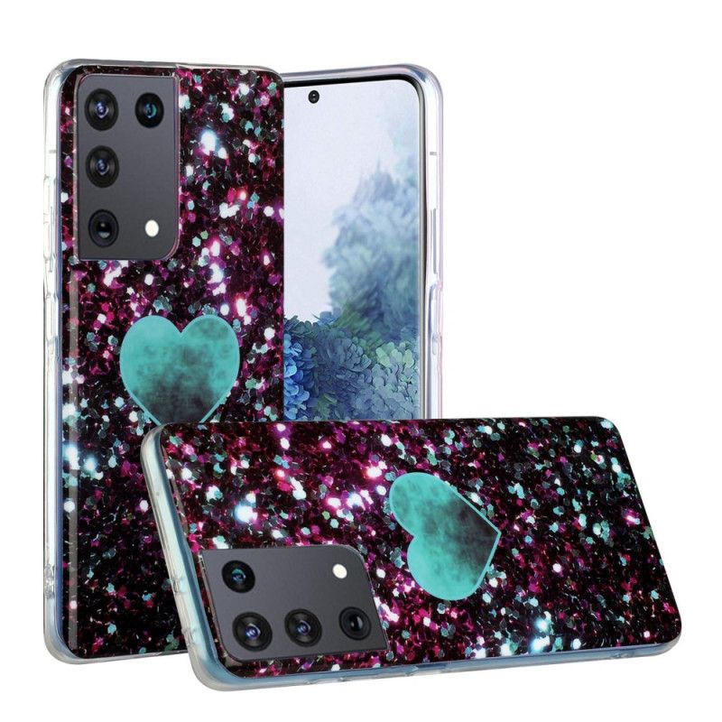 Cover Samsung Galaxy S21 Ultra 5G Sort Glitter Marmor Hjerte