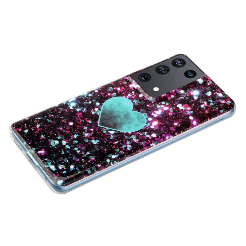 Cover Samsung Galaxy S21 Ultra 5G Sort Glitter Marmor Hjerte