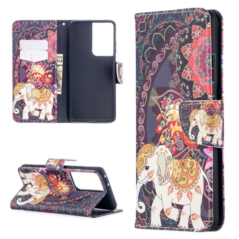 Flip Cover Læder for Samsung Galaxy S21 Ultra 5G Etnisk Elefantmandala