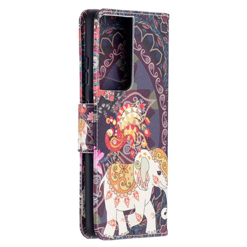 Flip Cover Læder for Samsung Galaxy S21 Ultra 5G Etnisk Elefantmandala