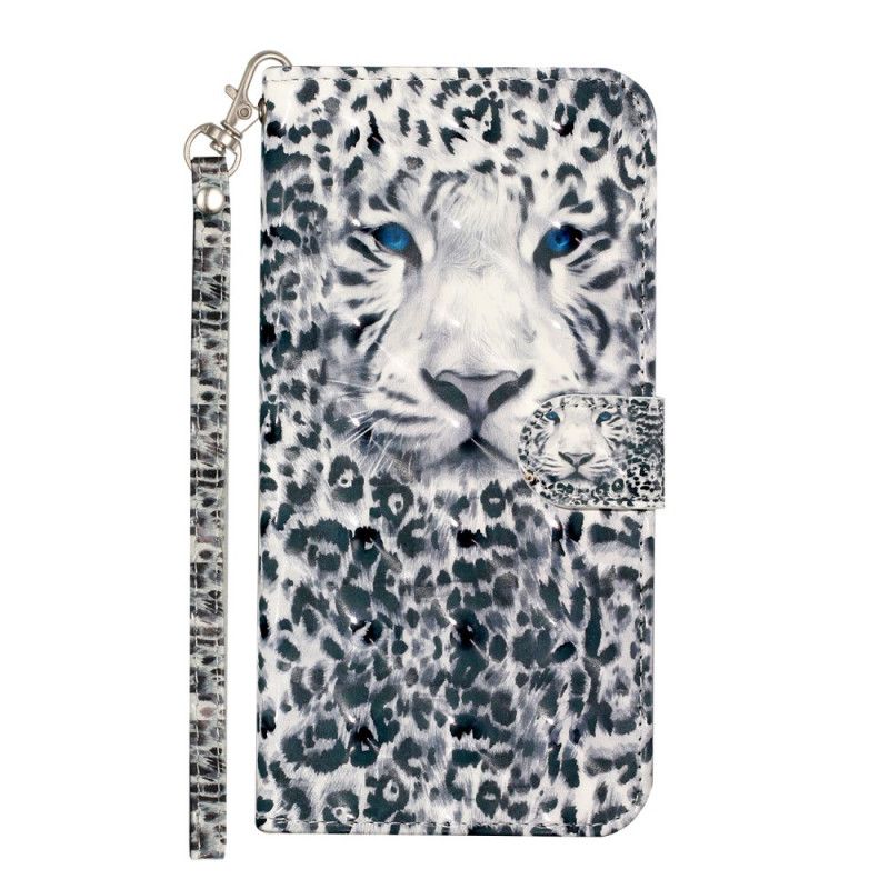 Flip Cover Læder for Samsung Galaxy S21 Ultra 5G Hvid Leopardlyspletter Med Rem