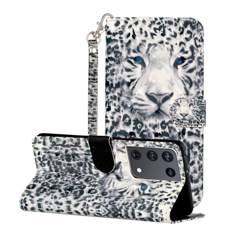 Flip Cover Læder for Samsung Galaxy S21 Ultra 5G Hvid Leopardlyspletter Med Rem