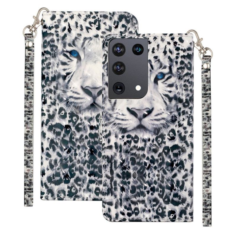 Flip Cover Læder for Samsung Galaxy S21 Ultra 5G Hvid Leopardlyspletter Med Rem