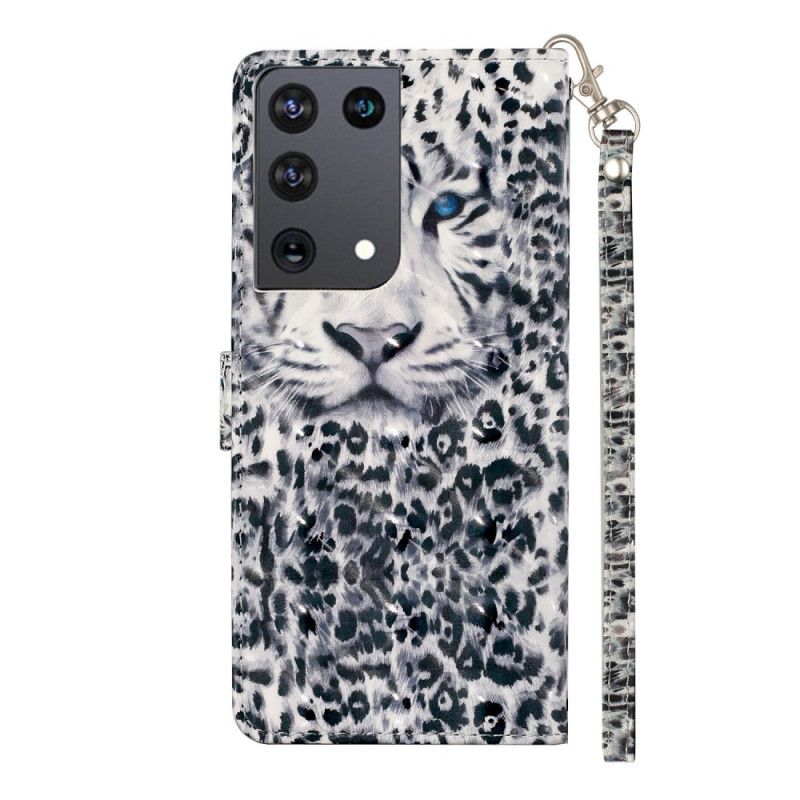 Flip Cover Læder for Samsung Galaxy S21 Ultra 5G Hvid Leopardlyspletter Med Rem