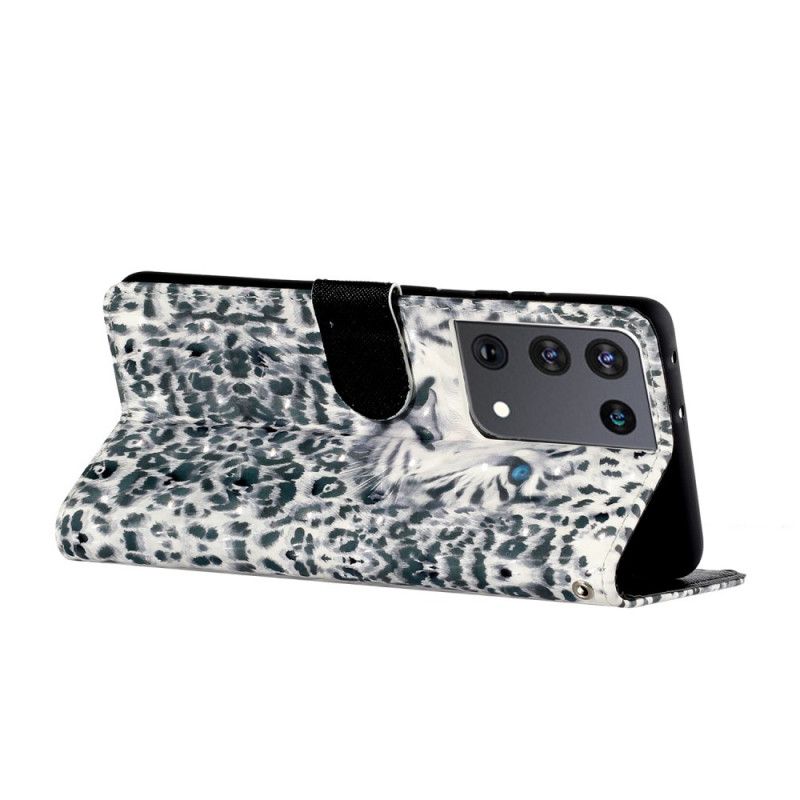 Flip Cover Læder for Samsung Galaxy S21 Ultra 5G Hvid Leopardlyspletter Med Rem