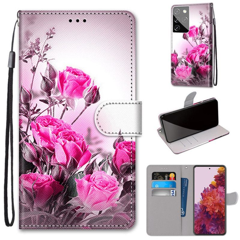 Flip Cover Læder for Samsung Galaxy S21 Ultra 5G Magenta Magiske Blomster