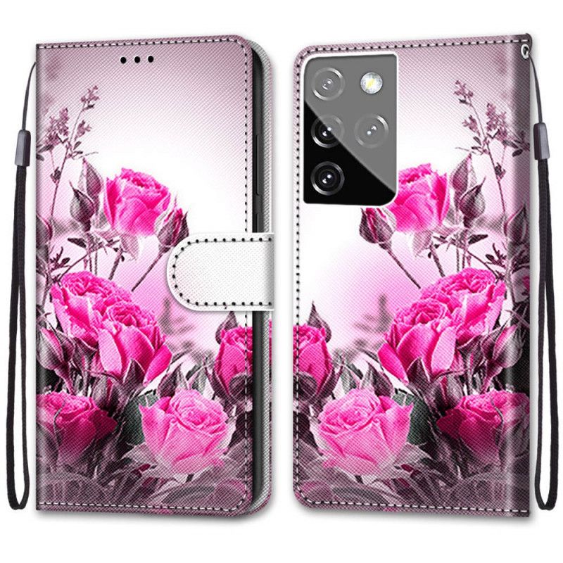 Flip Cover Læder for Samsung Galaxy S21 Ultra 5G Magenta Magiske Blomster