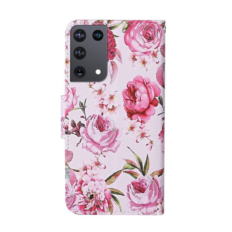 Flip Cover Læder for Samsung Galaxy S21 Ultra 5G Magenta Mesterlige Blomster Med Rem