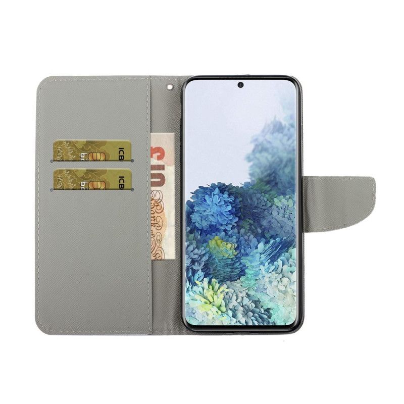 Flip Cover Læder for Samsung Galaxy S21 Ultra 5G Sort Farverige Blomster Med Rem