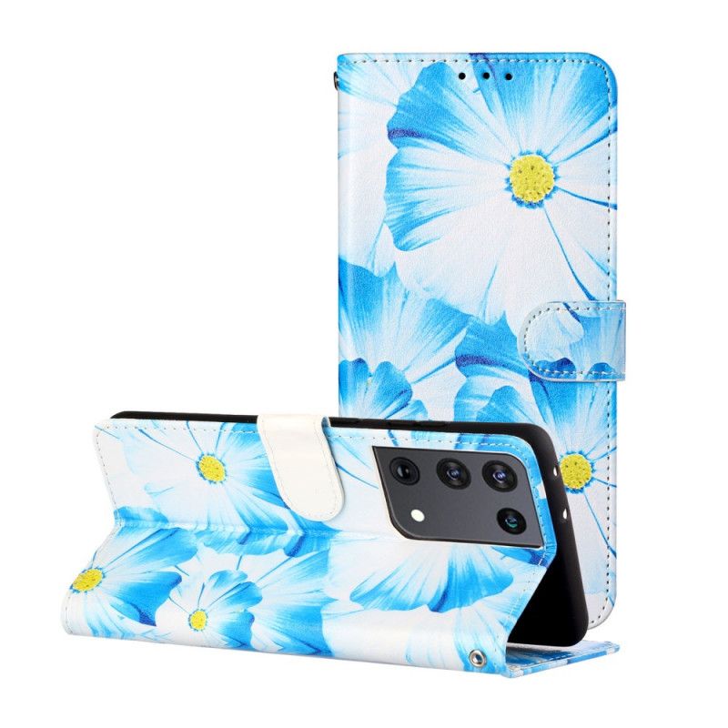 Flip Cover Læder for Samsung Galaxy S21 Ultra 5G Sort Vilde Blomster