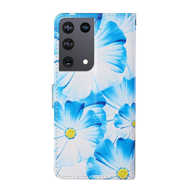 Flip Cover Læder for Samsung Galaxy S21 Ultra 5G Sort Vilde Blomster