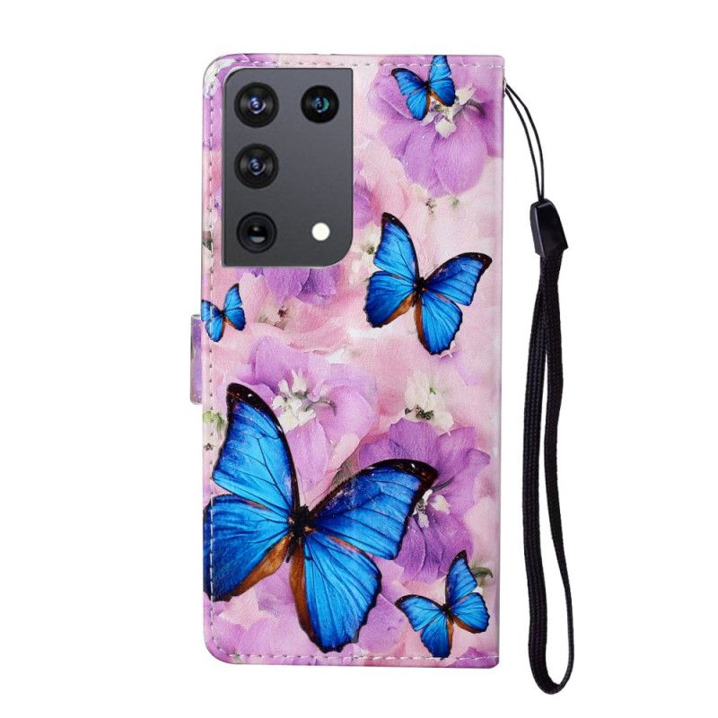 Flip Cover Læder Samsung Galaxy S21 Ultra 5G Blomster Sommerfugle Beskyttelse