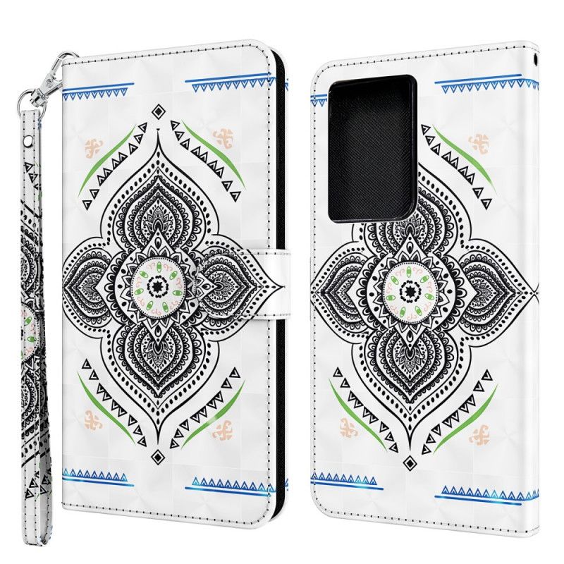 Flip Cover Læder Samsung Galaxy S21 Ultra 5G Hvid Lys Pletter Mandala Med Rem