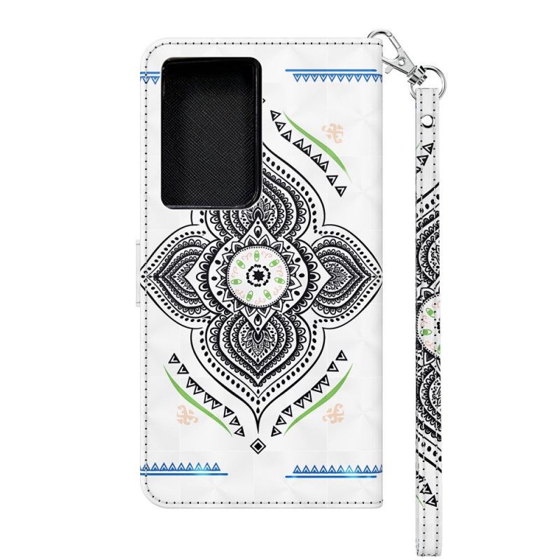 Flip Cover Læder Samsung Galaxy S21 Ultra 5G Hvid Lys Pletter Mandala Med Rem