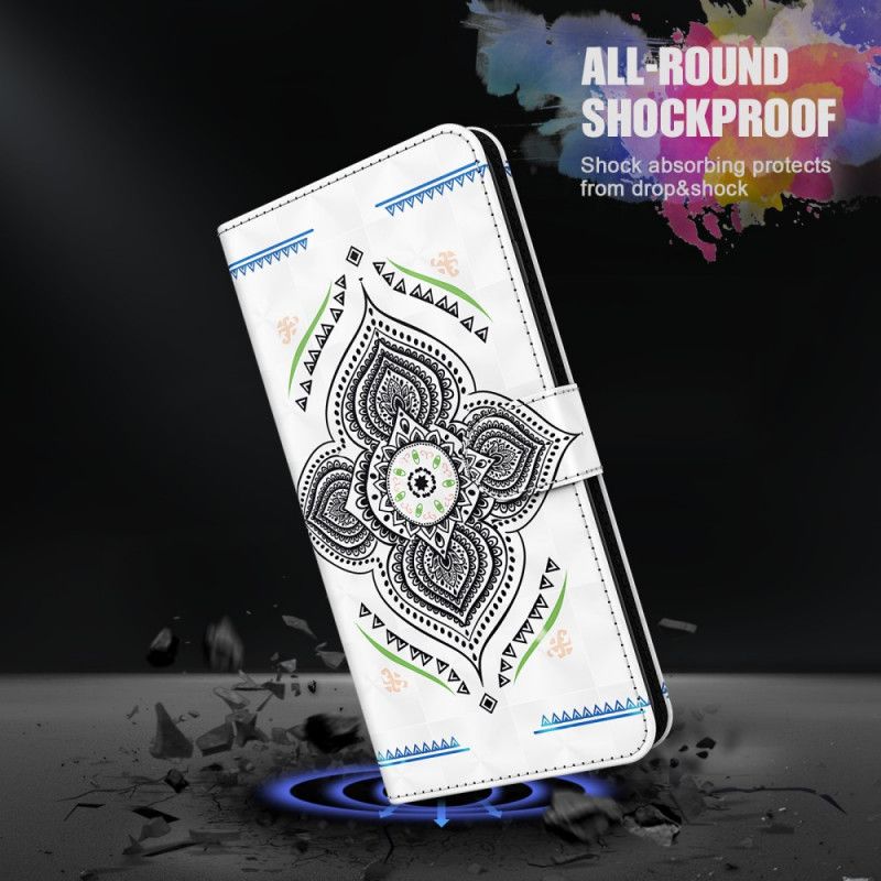 Flip Cover Læder Samsung Galaxy S21 Ultra 5G Hvid Lys Pletter Mandala Med Rem