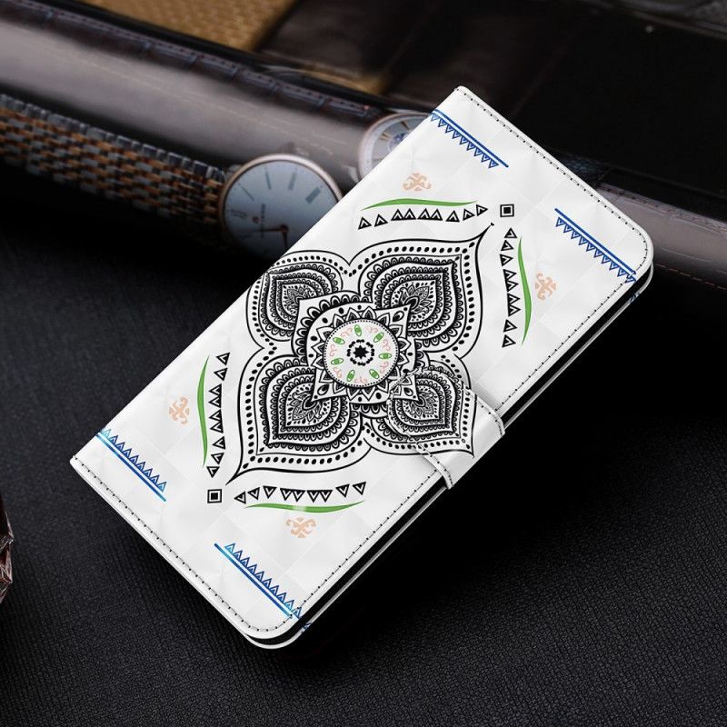 Flip Cover Læder Samsung Galaxy S21 Ultra 5G Hvid Lys Pletter Mandala Med Rem