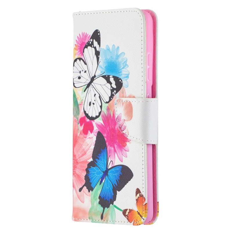 Flip Cover Læder Samsung Galaxy S21 Ultra 5G Magenta Malede Sommerfugle Og Blomster Beskyttelse