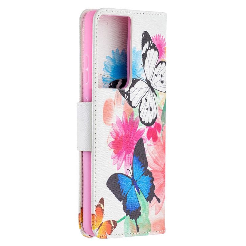 Flip Cover Læder Samsung Galaxy S21 Ultra 5G Magenta Malede Sommerfugle Og Blomster Beskyttelse