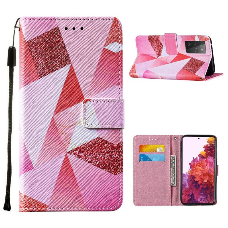 Flip Cover Læder Samsung Galaxy S21 Ultra 5G Magenta Trekanter Og Glitter Beskyttelse