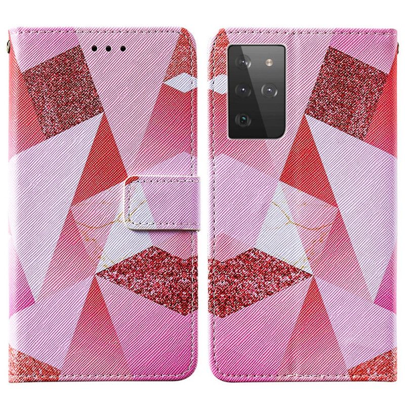 Flip Cover Læder Samsung Galaxy S21 Ultra 5G Magenta Trekanter Og Glitter Beskyttelse