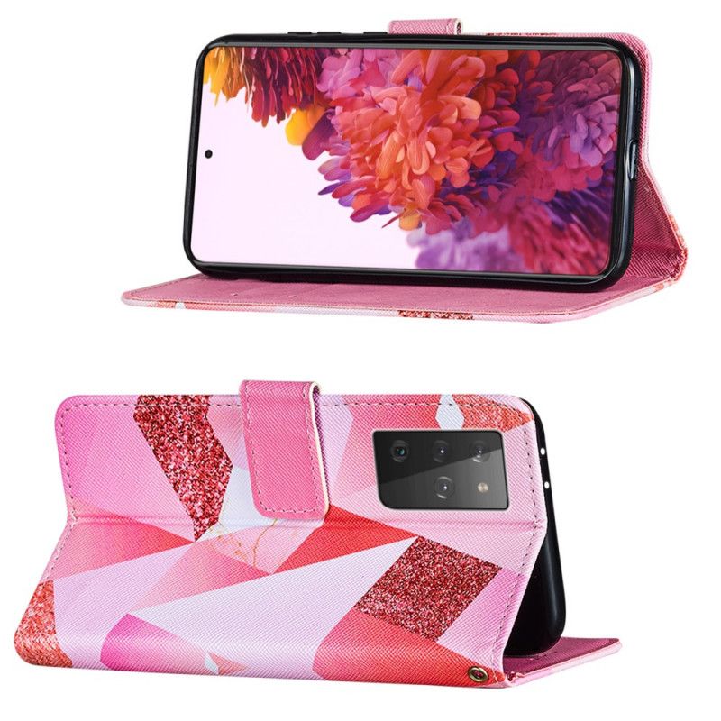 Flip Cover Læder Samsung Galaxy S21 Ultra 5G Magenta Trekanter Og Glitter Beskyttelse