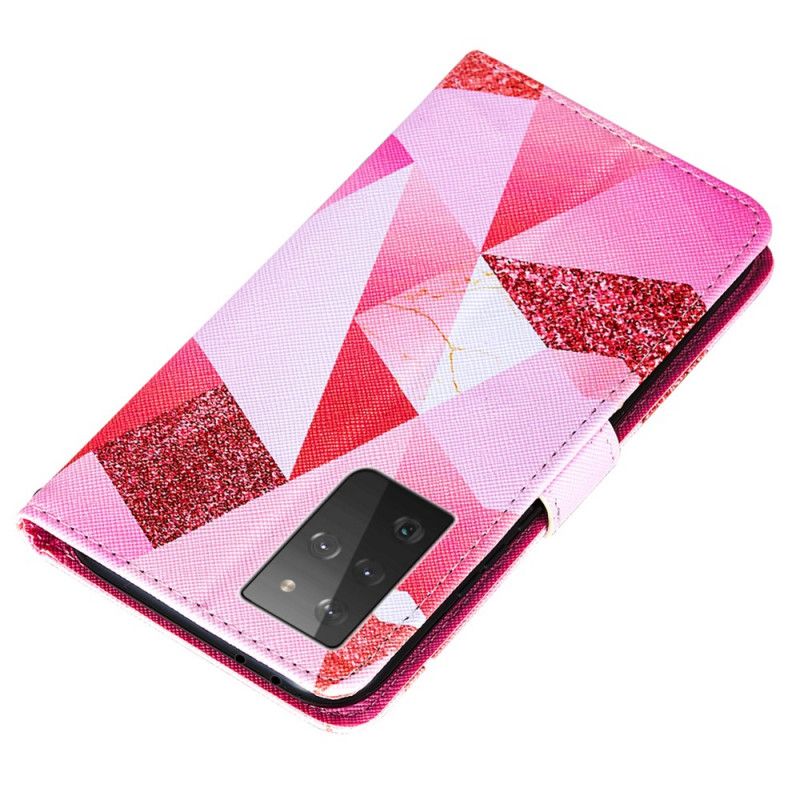 Flip Cover Læder Samsung Galaxy S21 Ultra 5G Magenta Trekanter Og Glitter Beskyttelse