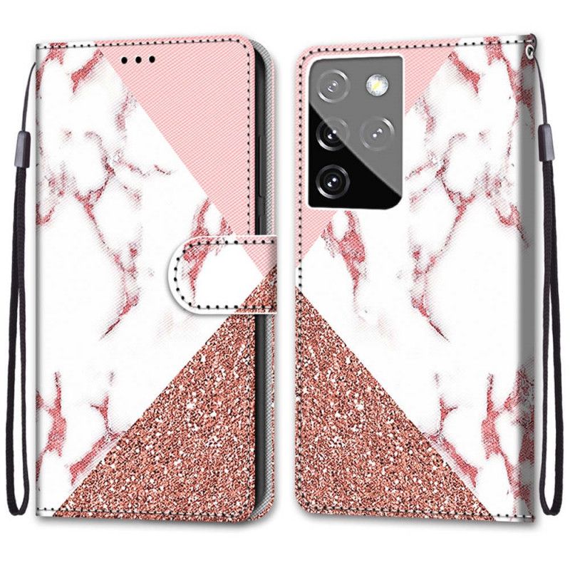 Flip Cover Læder Samsung Galaxy S21 Ultra 5G Trekant I Marmor Og Glitter Beskyttelse