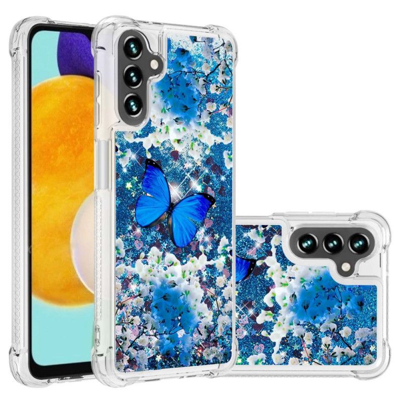 Cover Samsung Galaxy A13 5g Blå Glitter Sommerfugle