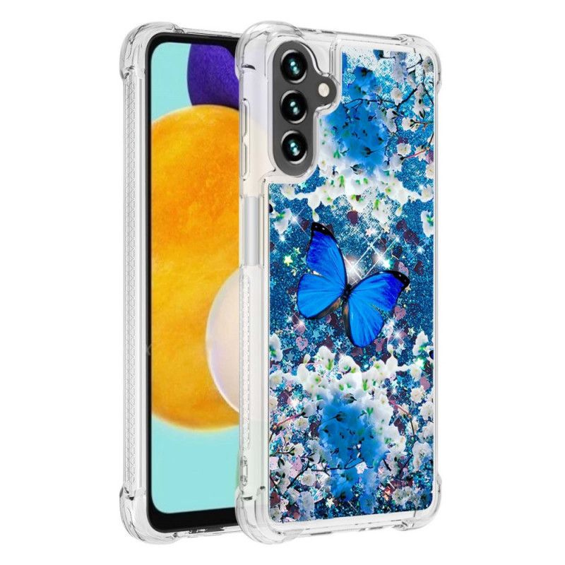 Cover Samsung Galaxy A13 5g Blå Glitter Sommerfugle