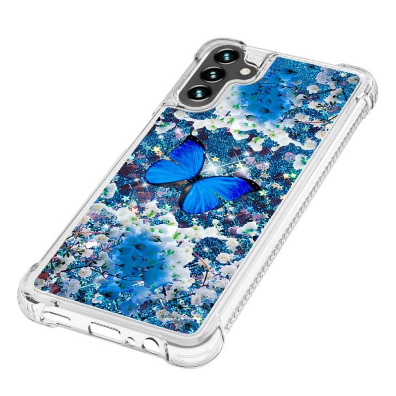 Cover Samsung Galaxy A13 5g Blå Glitter Sommerfugle