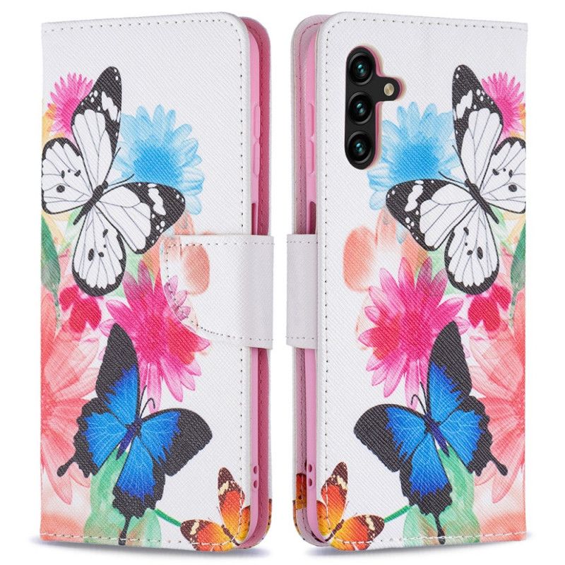 Flip Cover Til Samsung Galaxy A13 5g Malede Sommerfugle Og Blomster