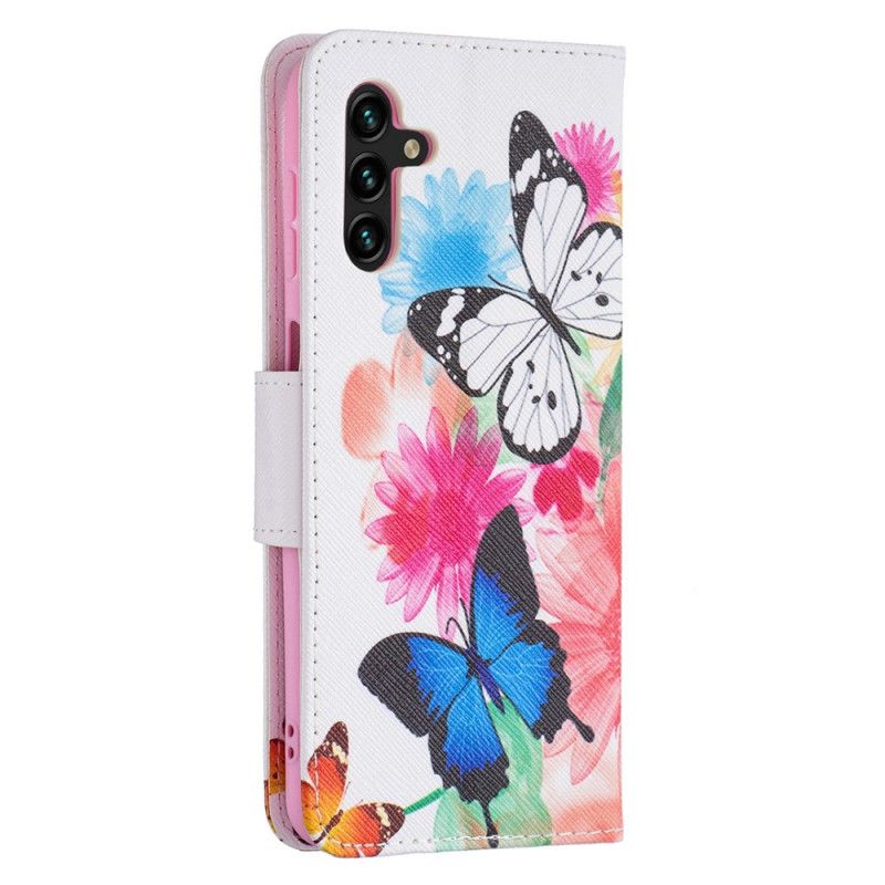 Flip Cover Til Samsung Galaxy A13 5g Malede Sommerfugle Og Blomster