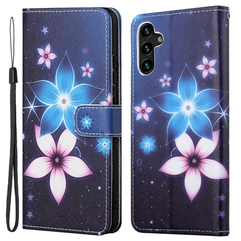 Læder Cover Samsung Galaxy A13 5g Telefon Etui Måneblomster Med Rem