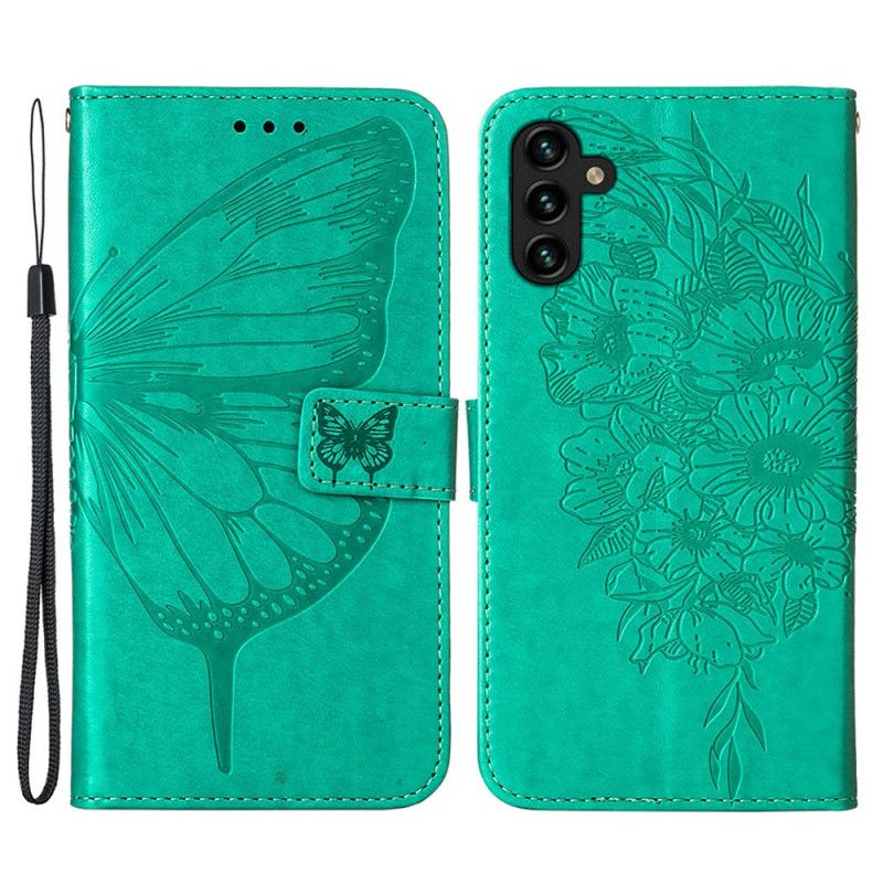 Læder Cover Samsung Galaxy A13 5g Telefon Etui Sommerfugledesign Med Snor