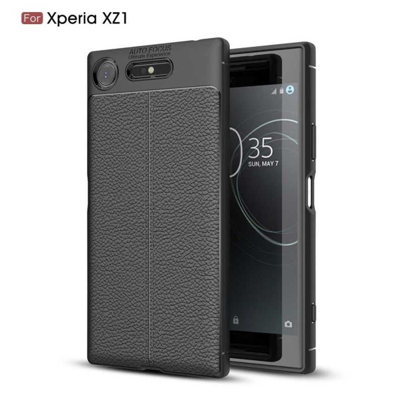 Cover Sony Xperia XZ1 Sort Dobbeltlinjet Lychee-Lædereffekt Original