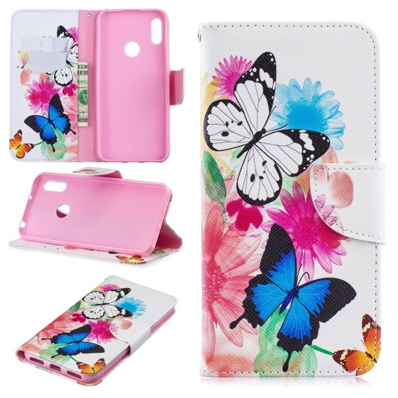 Flip Cover Huawei Y6 2019 Magenta Mobilcover Malede Sommerfugle Og Blomster