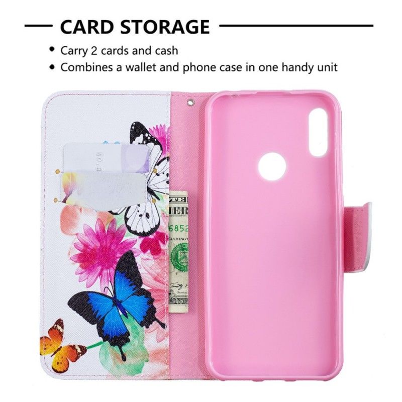 Flip Cover Huawei Y6 2019 Magenta Mobilcover Malede Sommerfugle Og Blomster