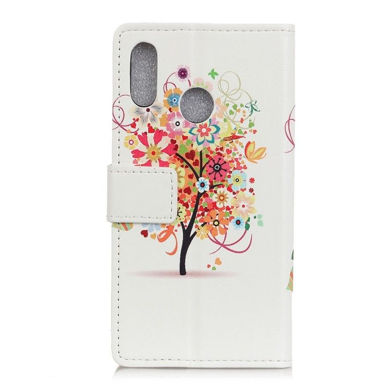 Flip Cover Læder for Huawei Y6 2019 Orange Blomstrende Træ