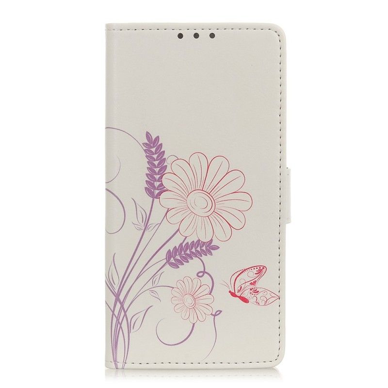 Flip Cover Læder for Huawei Y6 2019 Tegning Af Sommerfugle Og Blomster