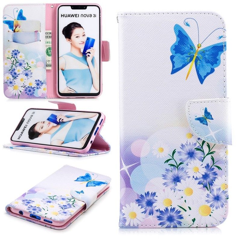 Flip Cover Huawei P Smart Plus Magenta Malede Sommerfugle Og Blomster