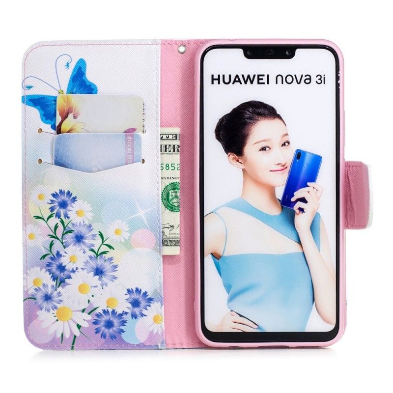 Flip Cover Huawei P Smart Plus Magenta Malede Sommerfugle Og Blomster