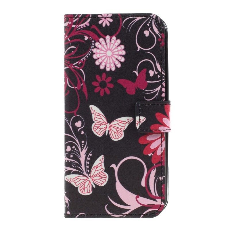 Flip Cover Læder Samsung Galaxy XCover 4S / 4 Sort Sommerfugle Og Blomster