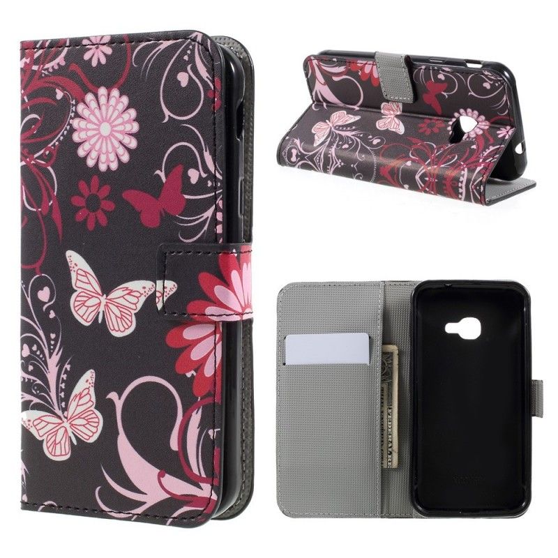 Flip Cover Læder Samsung Galaxy XCover 4S / 4 Sort Sommerfugle Og Blomster