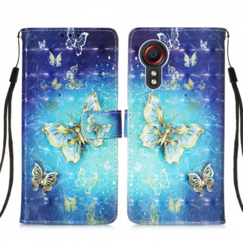 Flip Cover Samsung Galaxy Xcover 5 Gold Butterflies Lanyard